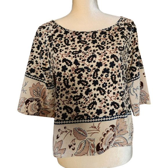 California Moonrise Pullover Top Round Neck Bell Sleeve Velour Paisley S/P - Picture 1 of 8